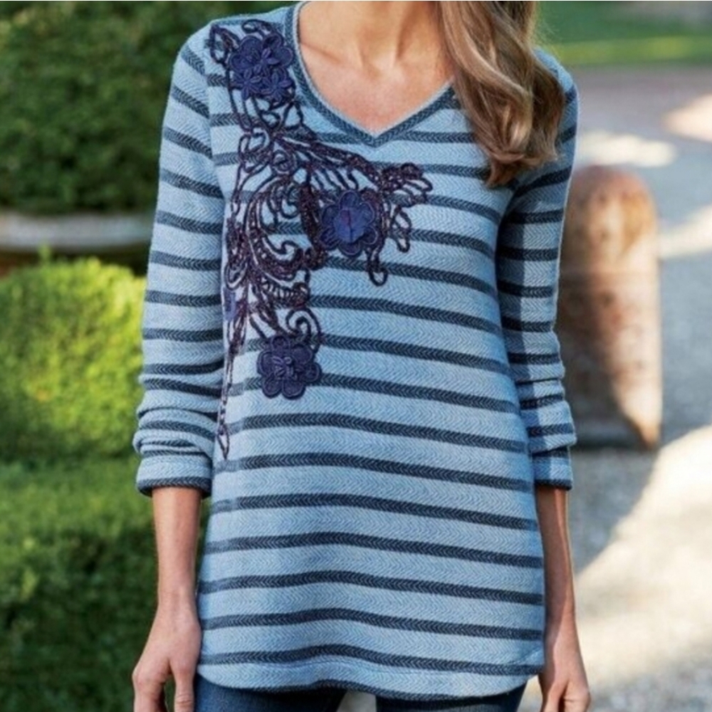 Soft Surroundings Tunic Top shirt Striped Floral Embroidered Blue Medium